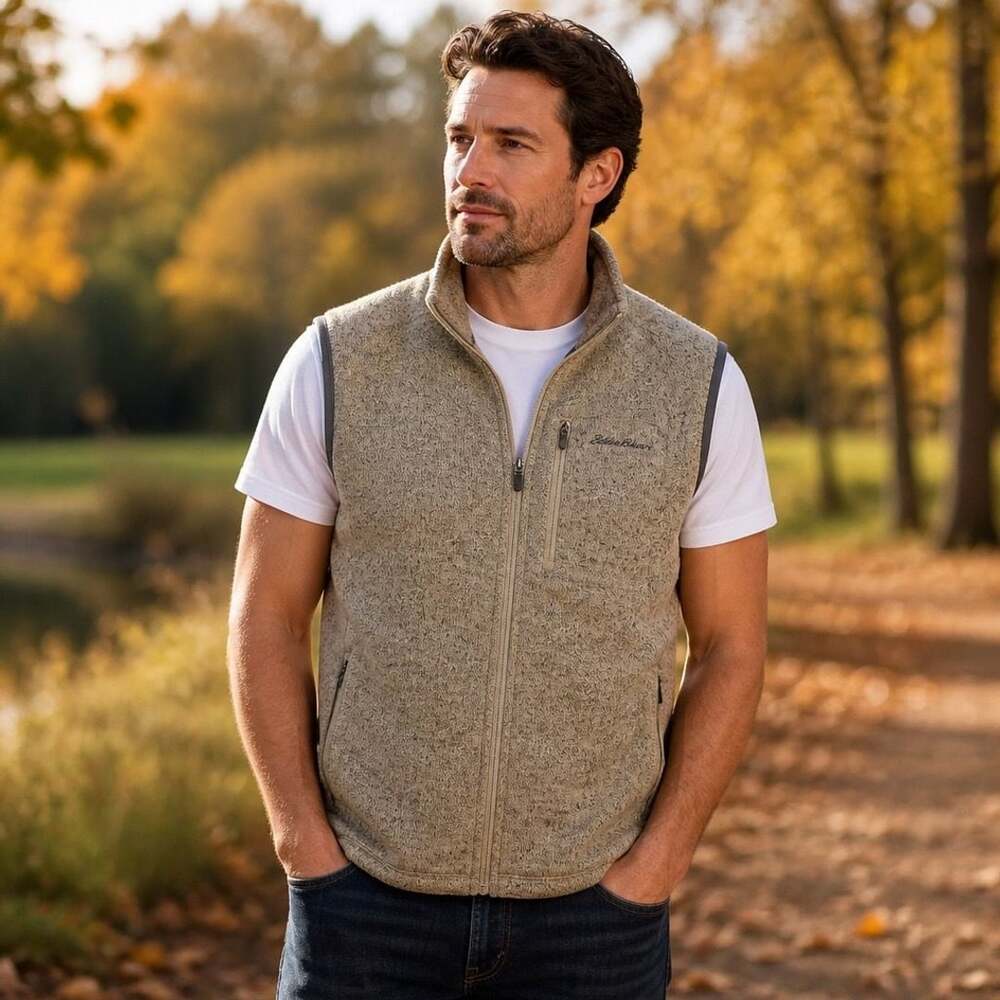Eddie Bauer Men's Marled Beige Fleece Sweater Vest Size XL